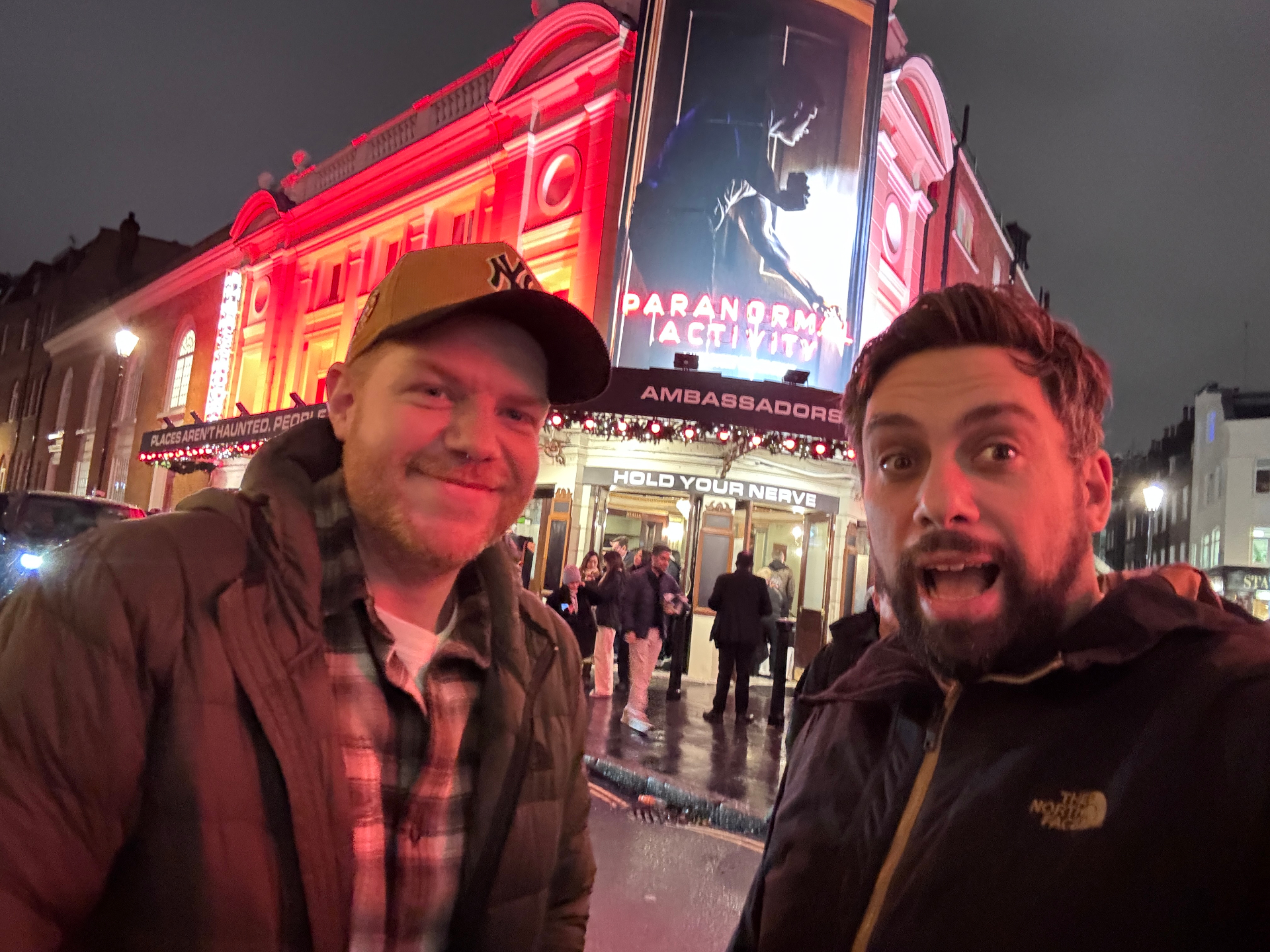 Charlie and Richard, founders of Long Elephant, outside the Ambassadors Theatre in London